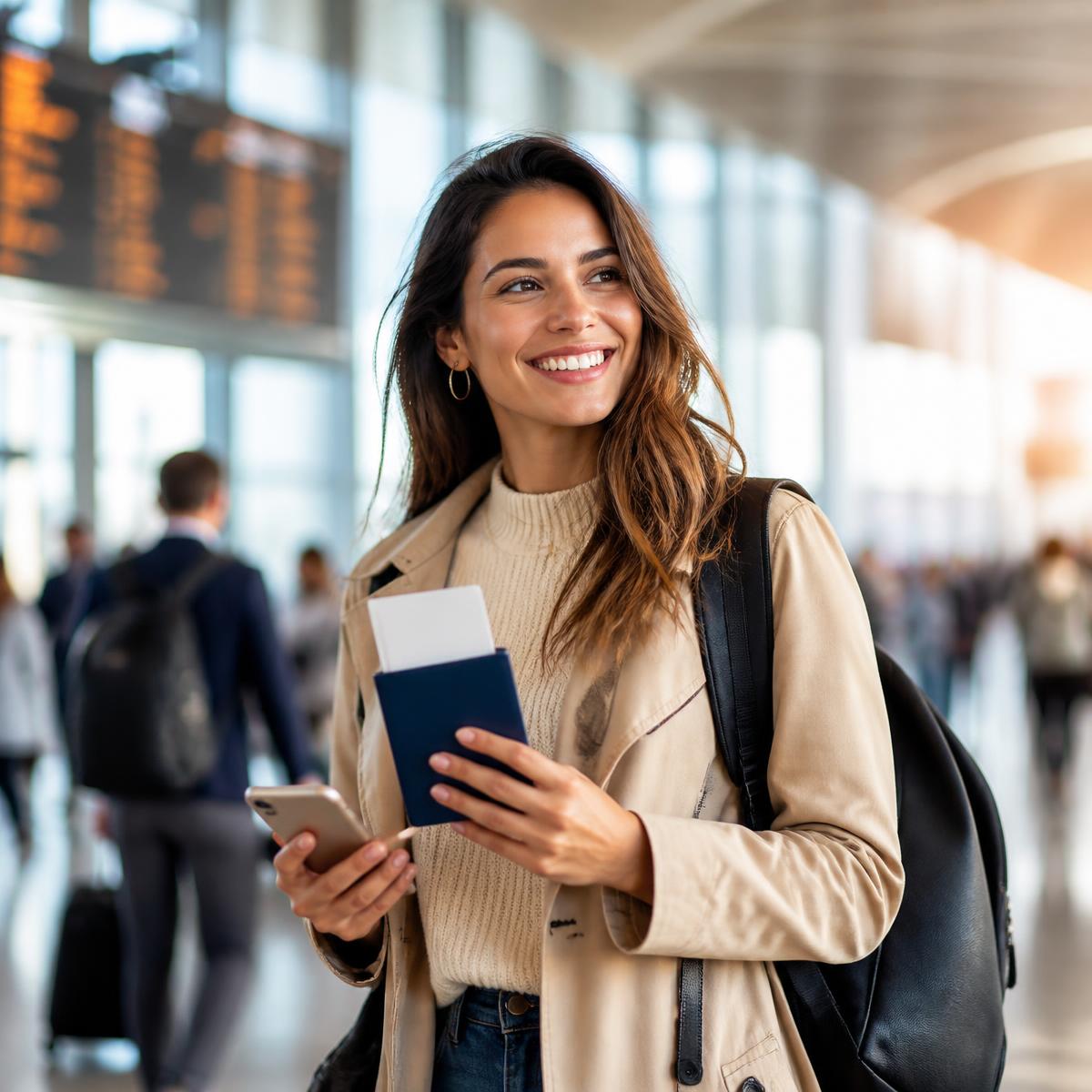 Traveller holding a passport and phone in an airport departure hall