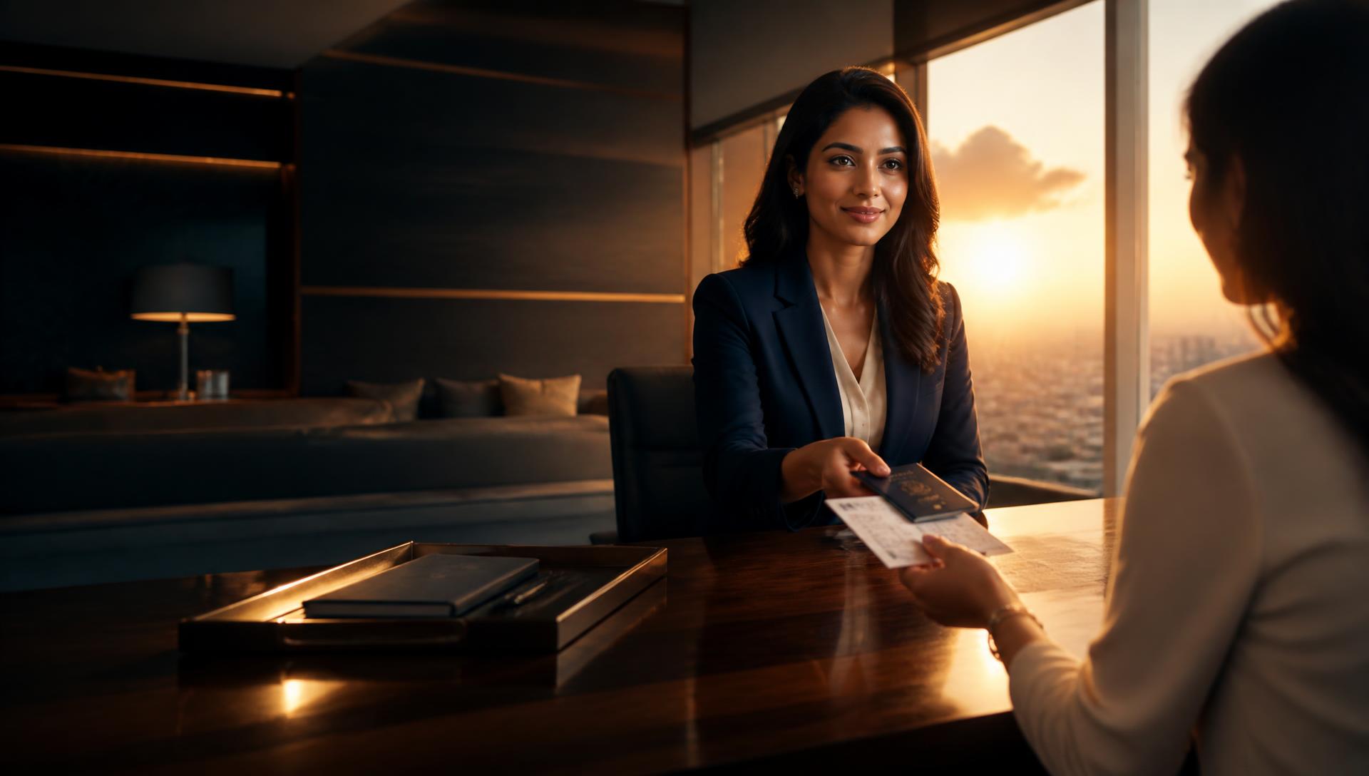 Travel consultant handing a passport and boarding documents to a client at golden hour